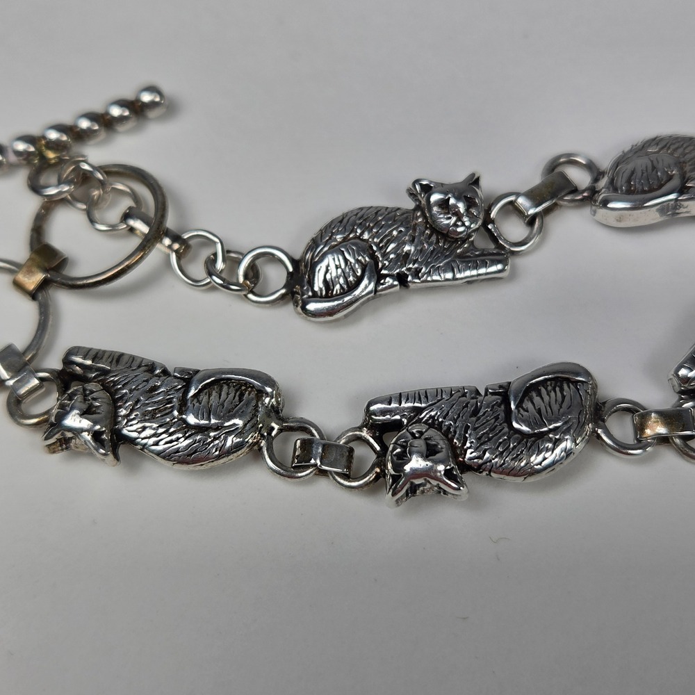 Sterling Silver Sleeping Cat Link Bracelet Signed GS 20g 7.5" Kitty - Picture 3 of 6